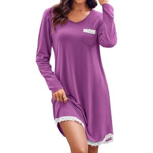 Ekouaer Womens Long Sleeve Nightgowns V Neck Sleepshirts Lace Nightshirts Casual T-shirt Sleep Dress with Pocket(Wineberry)
