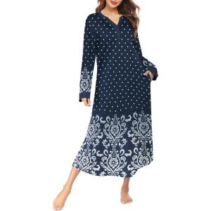 Ekouaer Womens Nightgown Long Loungewear V Neck Nightshirt Sleepwear Full Length Sleepshirt with Pockets(Blue Floral)