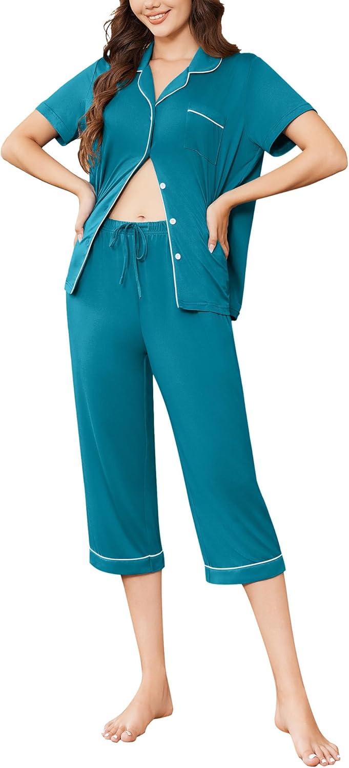 imageEkouaer Capri Pajamas for Women Short Sleeve Button Down Sleepwear Comfy Lounge Set 2Piece Pants PjsBlue Green