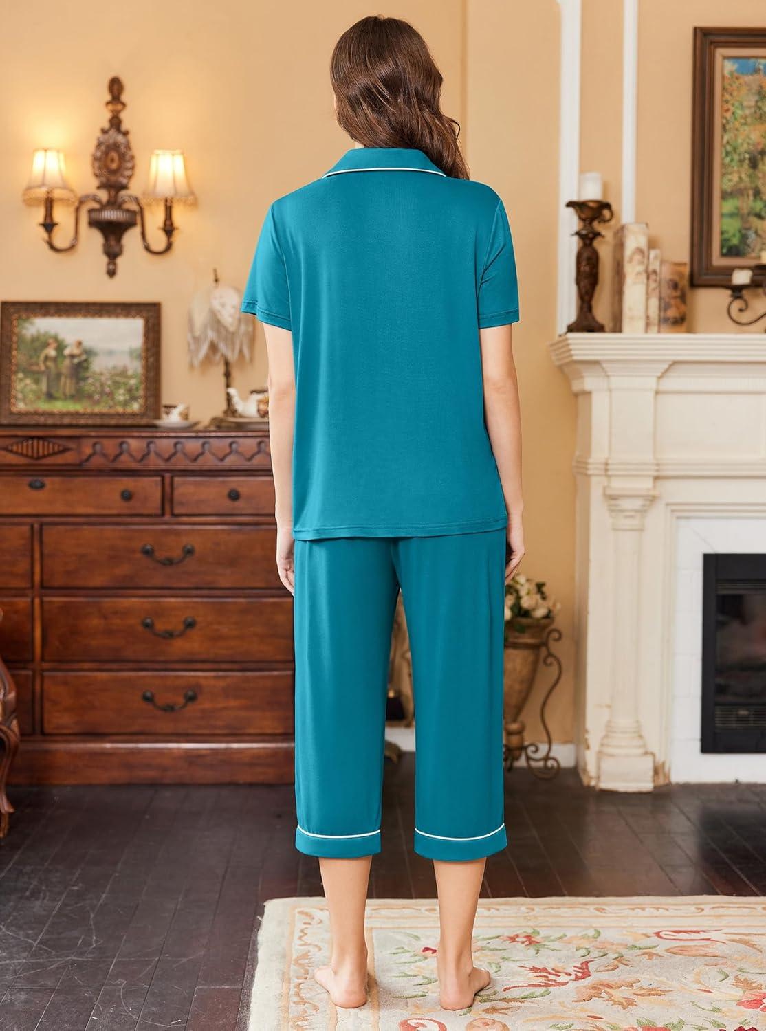 imageEkouaer Capri Pajamas for Women Short Sleeve Button Down Sleepwear Comfy Lounge Set 2Piece Pants PjsBlue Green