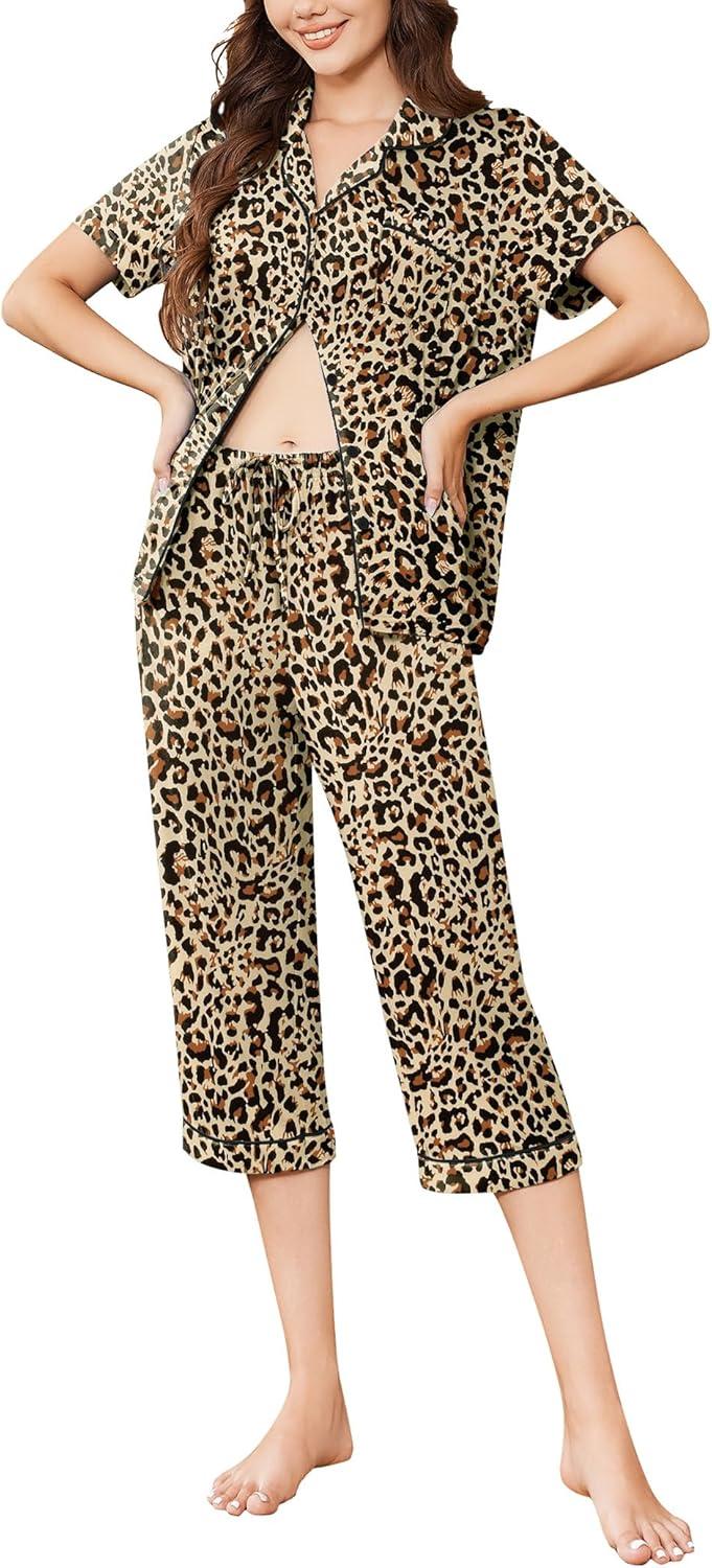 imageEkouaer Capri Pajamas for Women Short Sleeve Button Down Sleepwear Comfy Lounge Set 2Piece Pants PjsBrown Black
