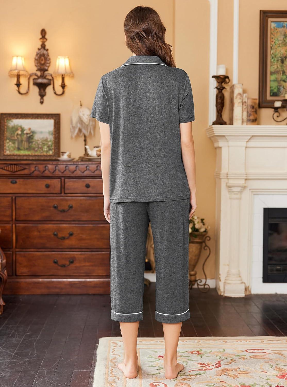 imageEkouaer Capri Pajamas for Women Short Sleeve Button Down Sleepwear Comfy Lounge Set 2Piece Pants PjsDark Gray