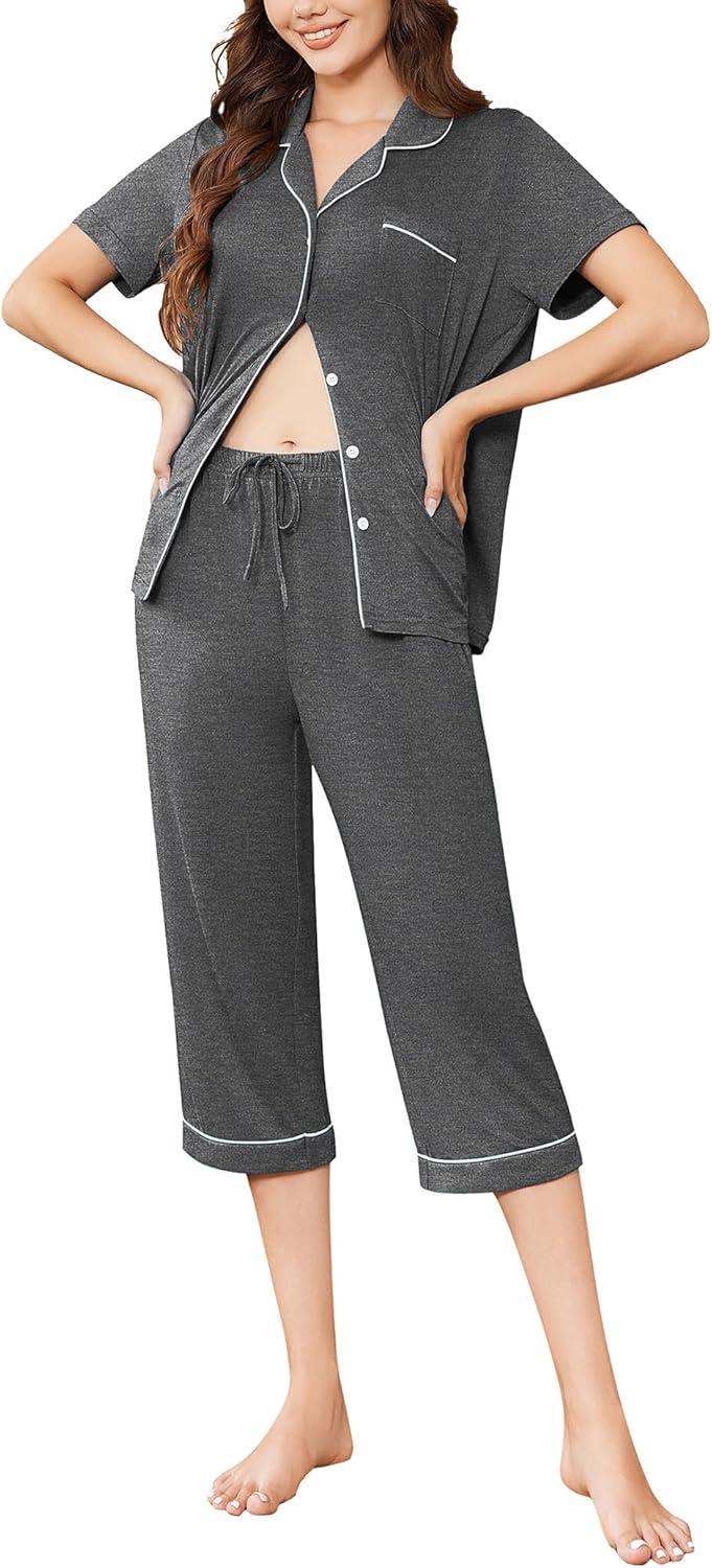 imageEkouaer Capri Pajamas for Women Short Sleeve Button Down Sleepwear Comfy Lounge Set 2Piece Pants PjsDark Gray
