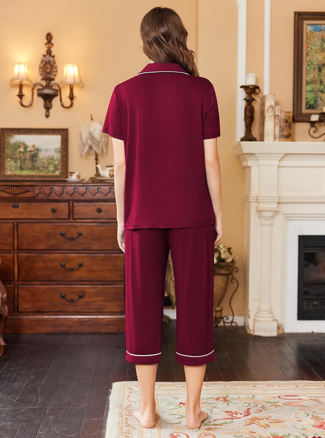imageEkouaer Capri Pajamas for Women Short Sleeve Button Down Sleepwear Comfy Lounge Set 2Piece Pants PjsDark Red