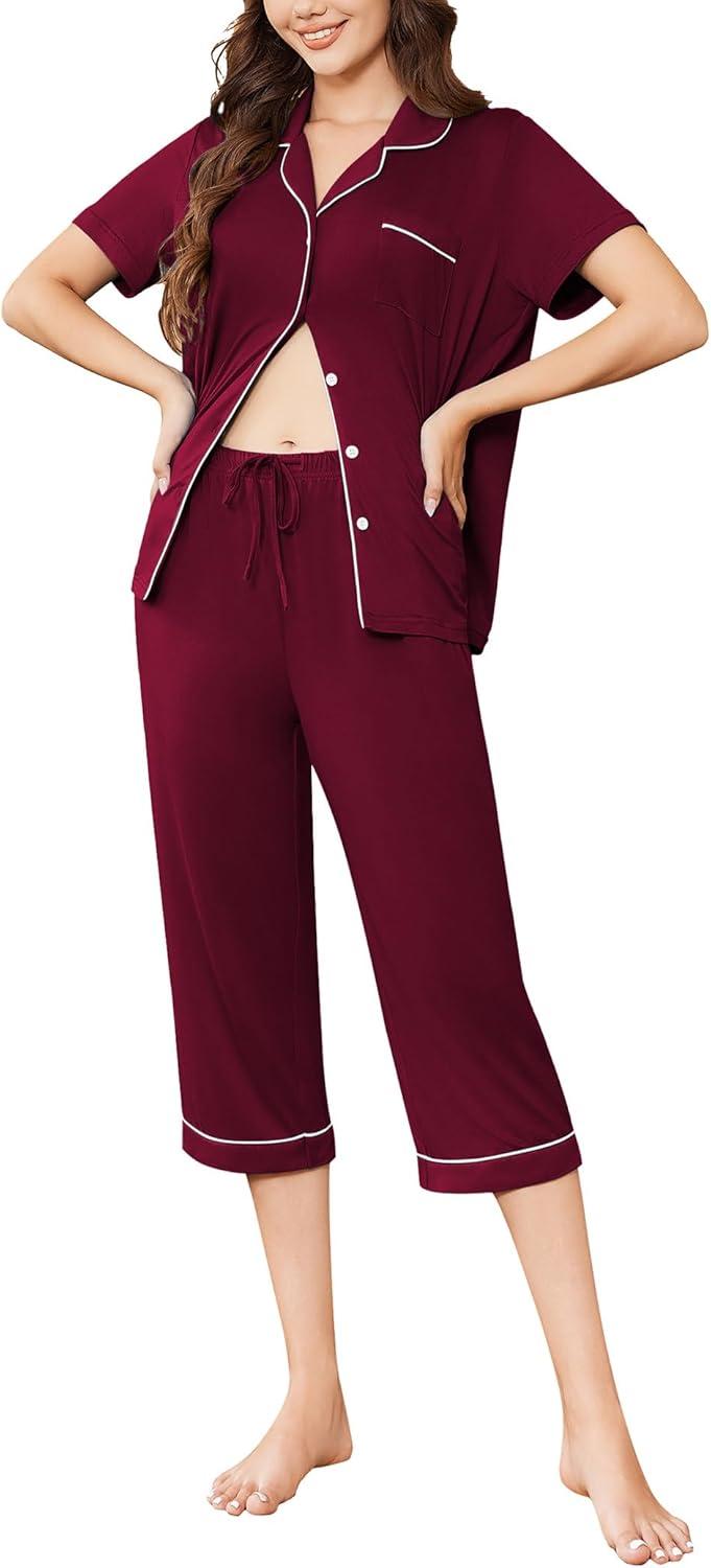 imageEkouaer Capri Pajamas for Women Short Sleeve Button Down Sleepwear Comfy Lounge Set 2Piece Pants PjsDark Red