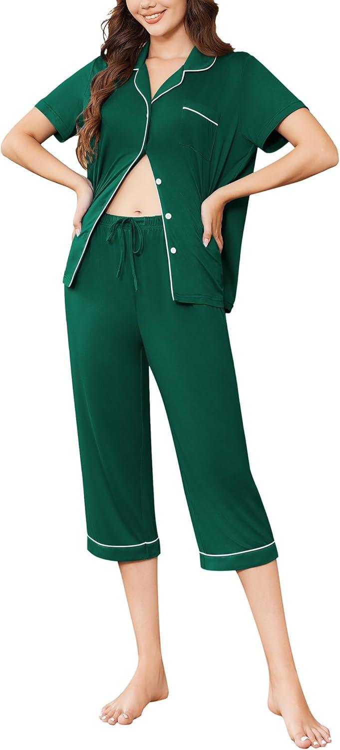 imageEkouaer Capri Pajamas for Women Short Sleeve Button Down Sleepwear Comfy Lounge Set 2Piece Pants PjsLake Green