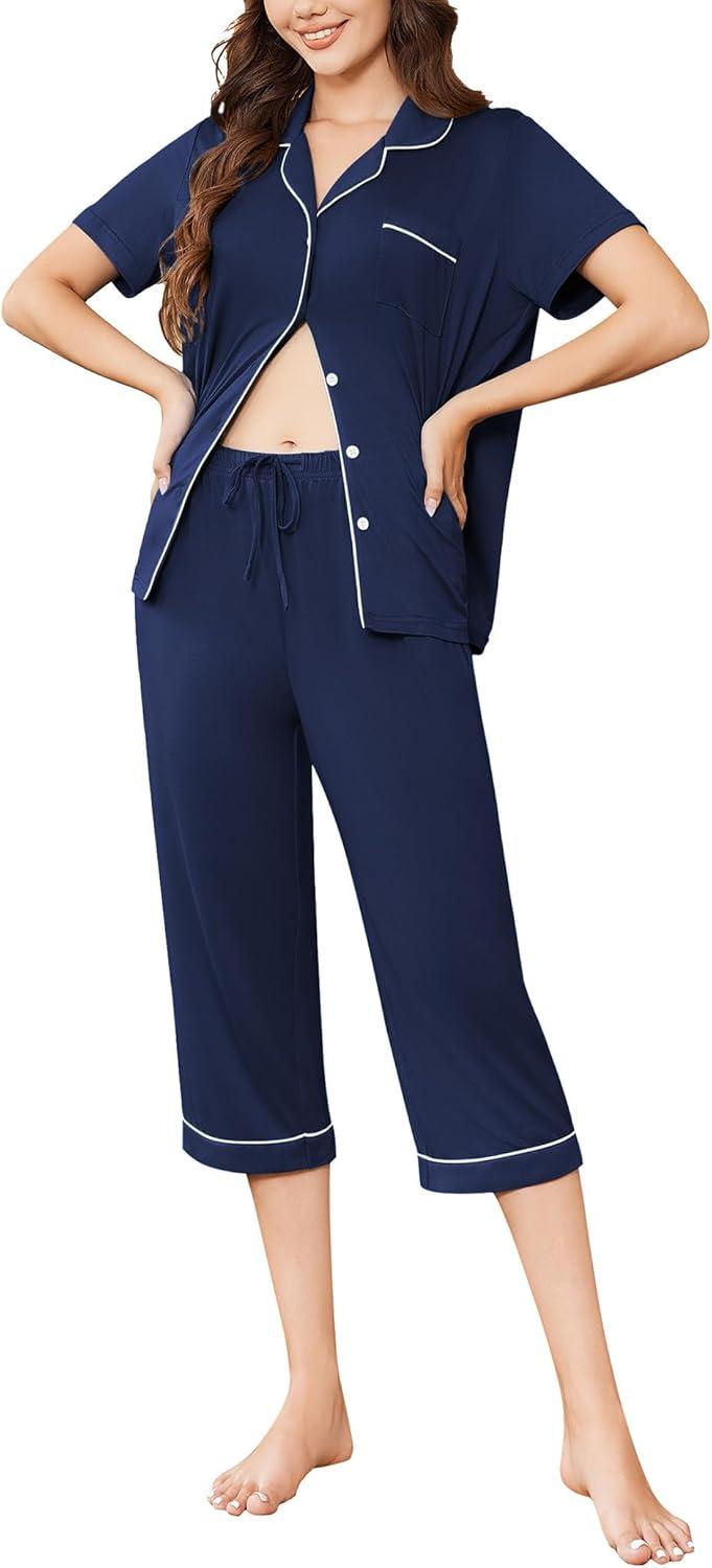 imageEkouaer Capri Pajamas for Women Short Sleeve Button Down Sleepwear Comfy Lounge Set 2Piece Pants PjsNavy Blue