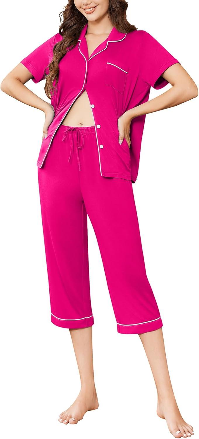 imageEkouaer Capri Pajamas for Women Short Sleeve Button Down Sleepwear Comfy Lounge Set 2Piece Pants PjsRose Red