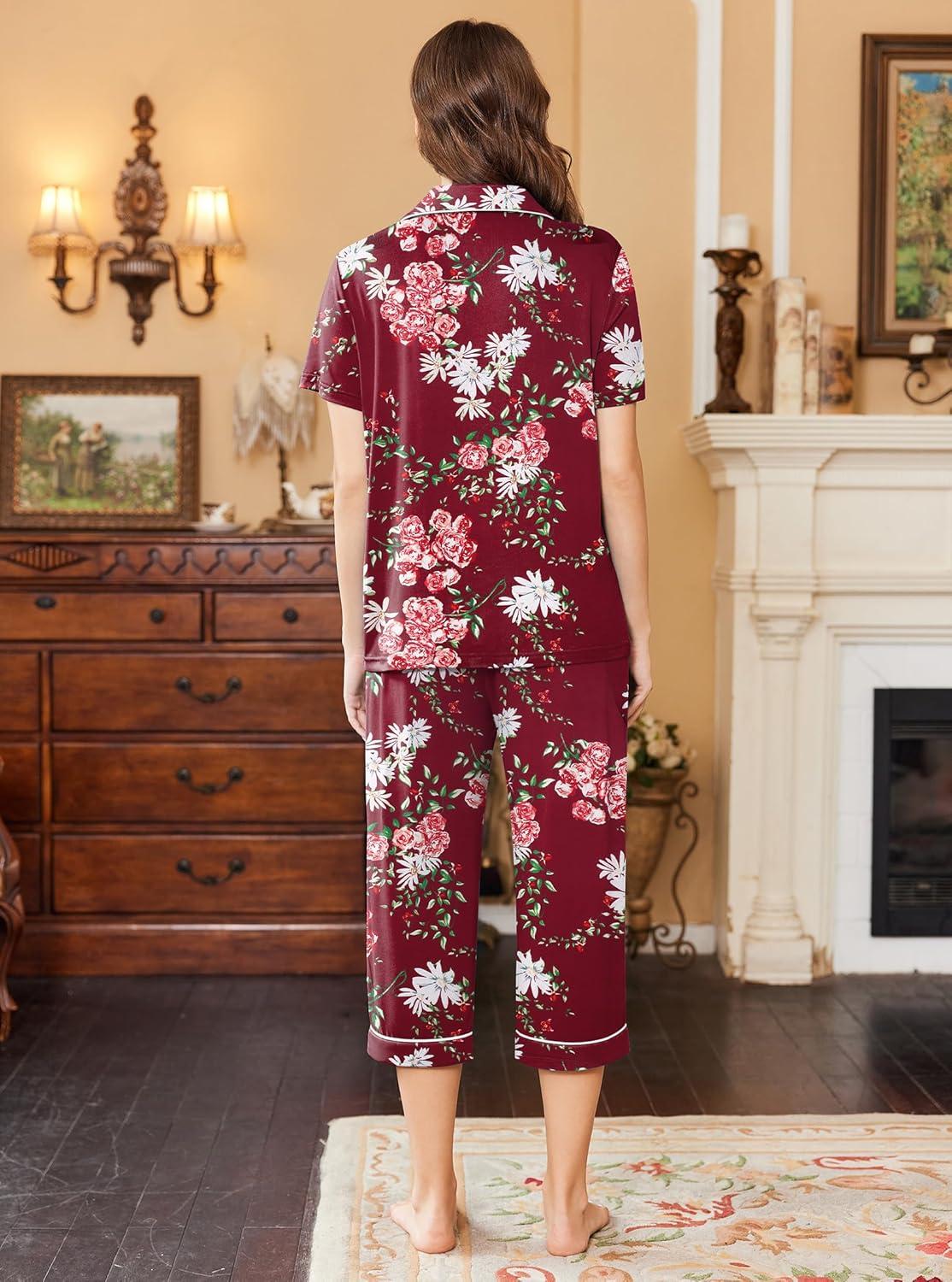 imageEkouaer Capri Pajamas for Women Short Sleeve Button Down Sleepwear Comfy Lounge Set 2Piece Pants PjsWine Red White Pink