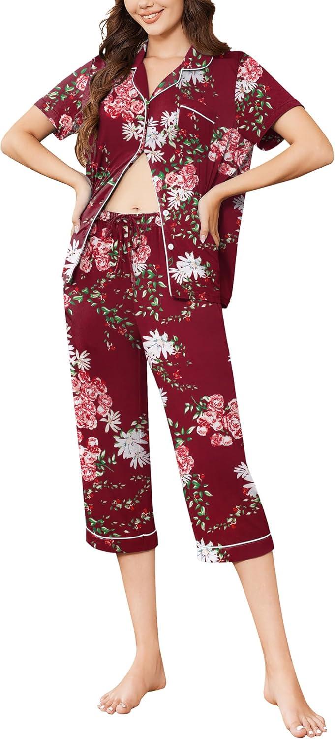 imageEkouaer Capri Pajamas for Women Short Sleeve Button Down Sleepwear Comfy Lounge Set 2Piece Pants PjsWine Red White Pink
