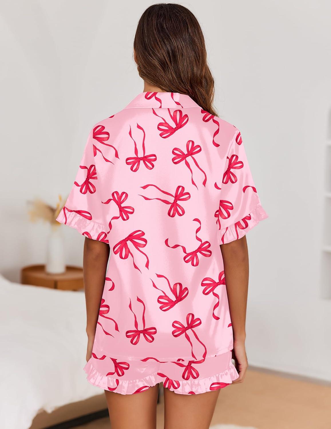 imageEkouaer Satin Pajama Set for Women Button Down Silk 2 Piece Pj Sets Ruffle Short Sleeve SleepwearBow