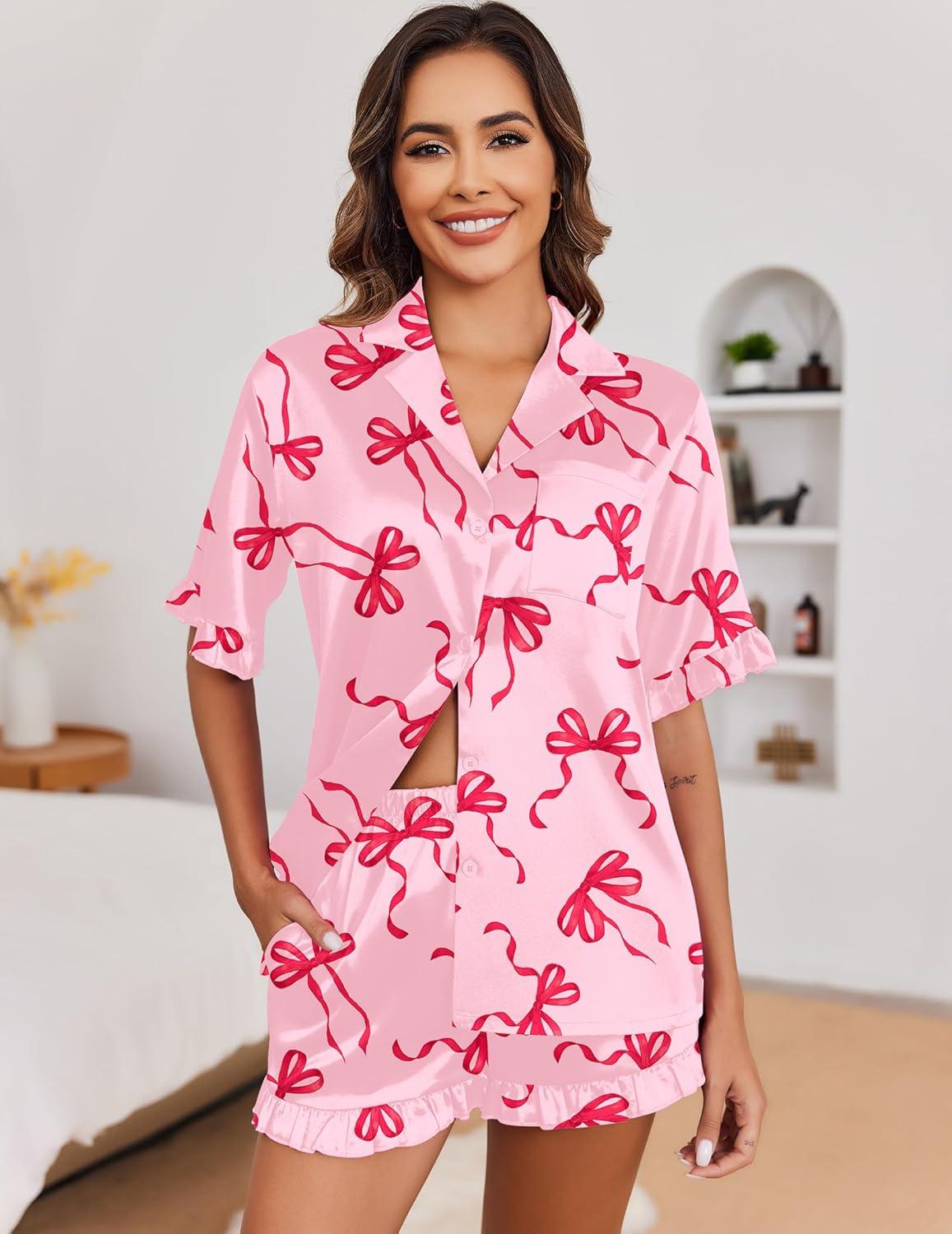 imageEkouaer Satin Pajama Set for Women Button Down Silk 2 Piece Pj Sets Ruffle Short Sleeve SleepwearBow