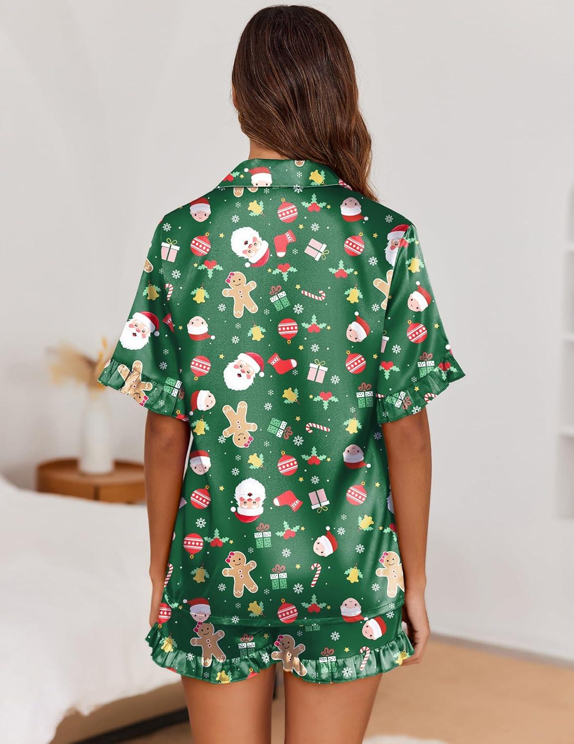 imageEkouaer Satin Pajama Set for Women Button Down Silk 2 Piece Pj Sets Ruffle Short Sleeve SleepwearZchristmas Snowman