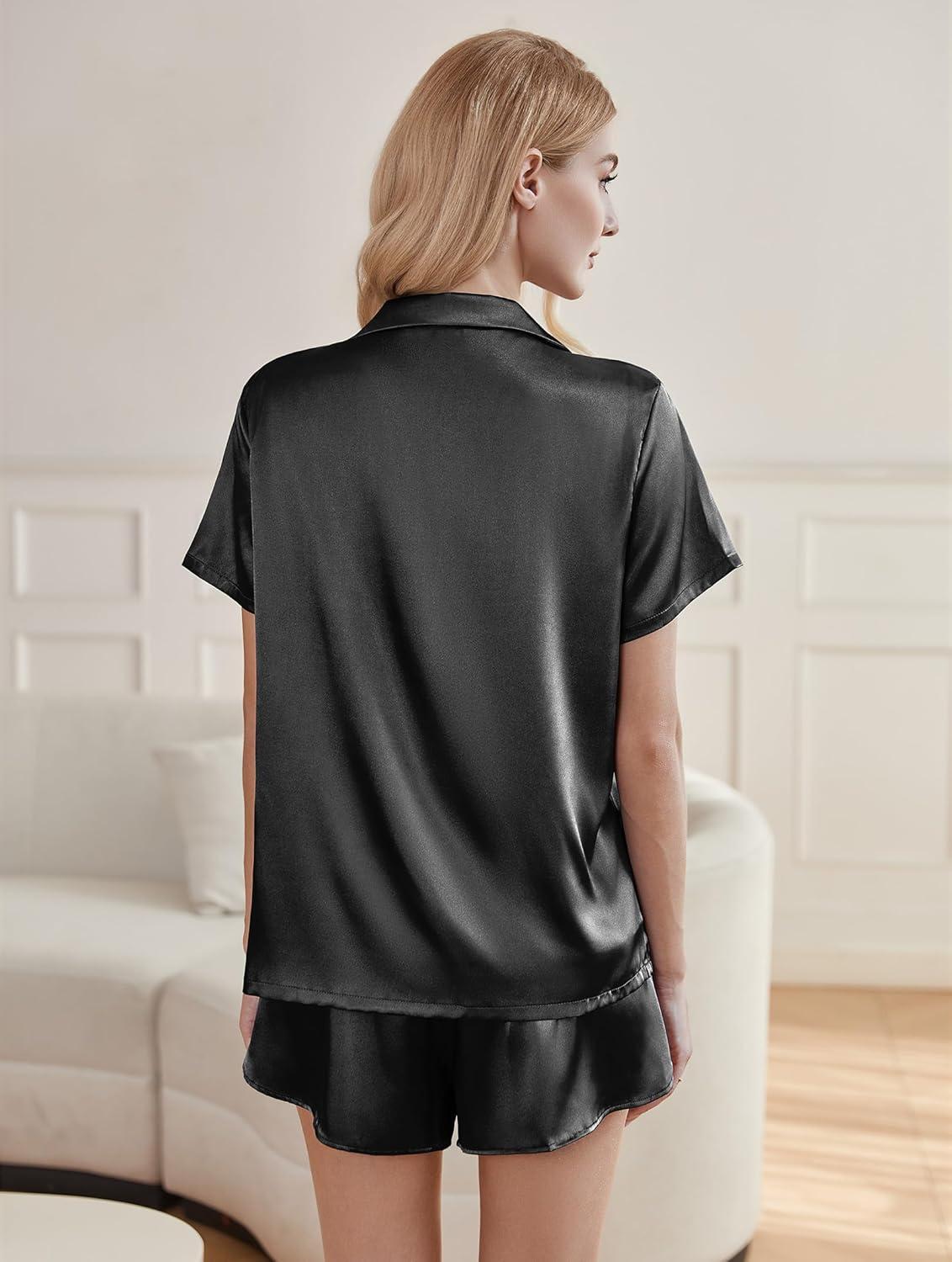 imageEkouaer Silk Pajama Sets Womens Short Sleeve Sleepwear Satin 2 Piece Button Down Loungewear Pjs Shorts Set SXXLBlack