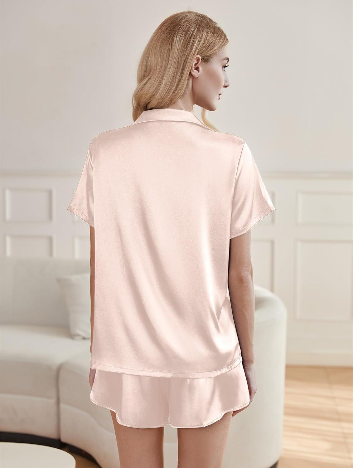 imageEkouaer Silk Pajama Sets Womens Short Sleeve Sleepwear Satin 2 Piece Button Down Loungewear Pjs Shorts Set SXXLChampagne