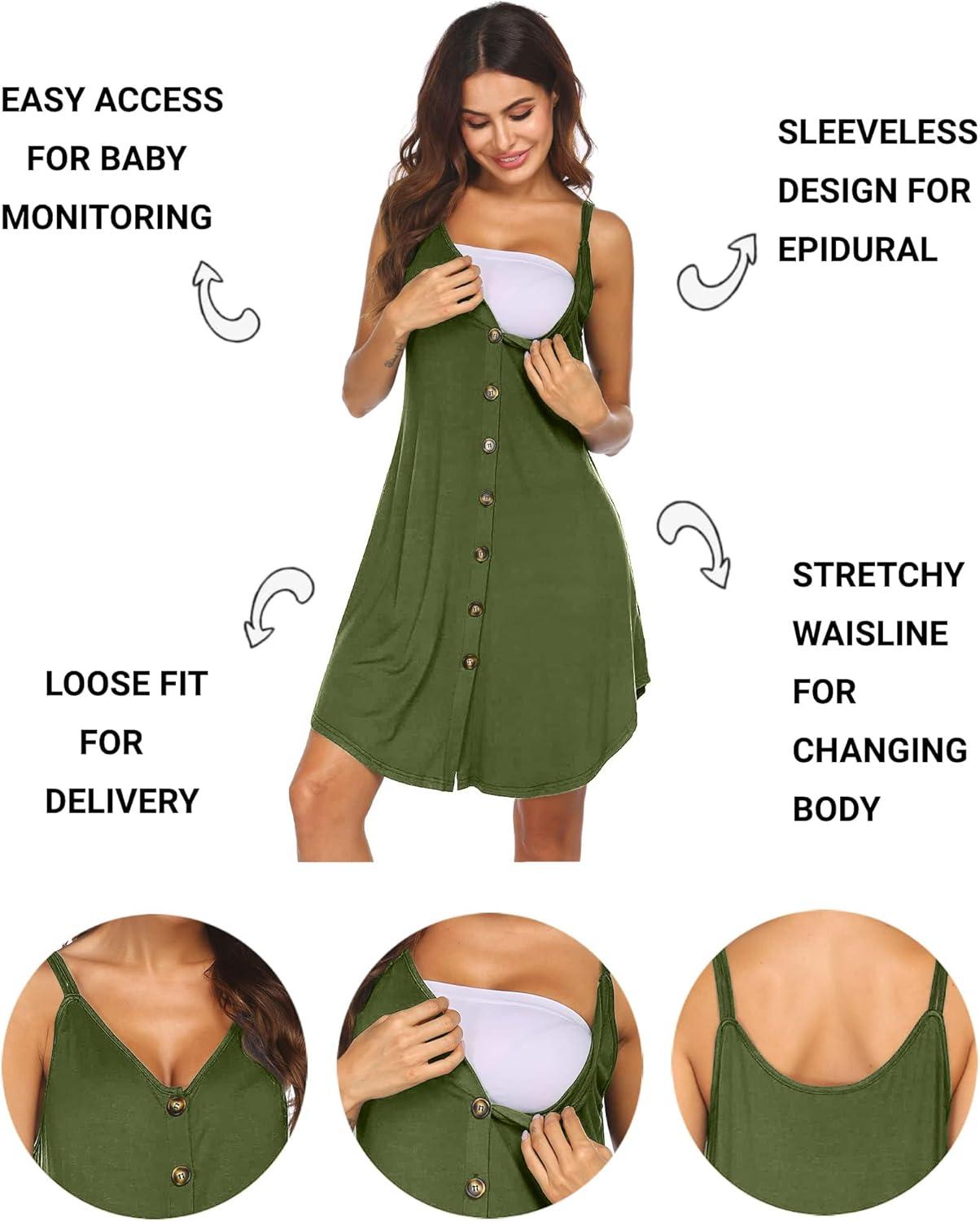 imageEkouaer Women 3 in 1 Labor and DeliveryMaternityNursing Nightgown Button Down Sleeveless Pregnancy Dress for BreastfeedingArmy Green