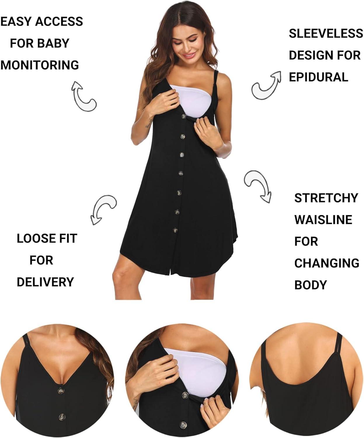 imageEkouaer Women 3 in 1 Labor and DeliveryMaternityNursing Nightgown Button Down Sleeveless Pregnancy Dress for BreastfeedingBlack