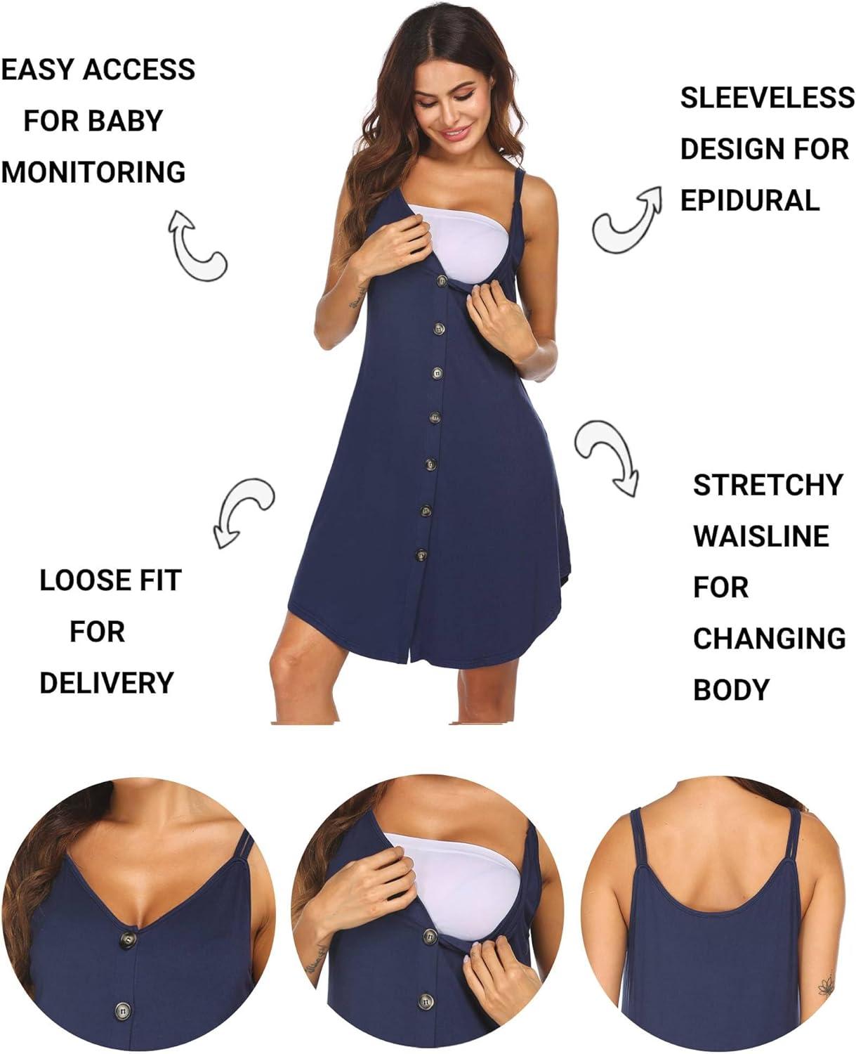 imageEkouaer Women 3 in 1 Labor and DeliveryMaternityNursing Nightgown Button Down Sleeveless Pregnancy Dress for BreastfeedingNavy Blue
