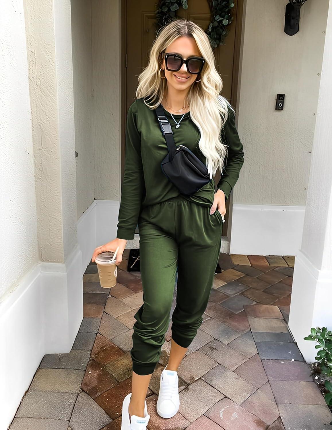 imageEkouaer Womens Pajama Sets Casual 2Pcs Sleepwear Long Sleeve Pullover Tops Long Joggers Pants with PocketsArmy Green