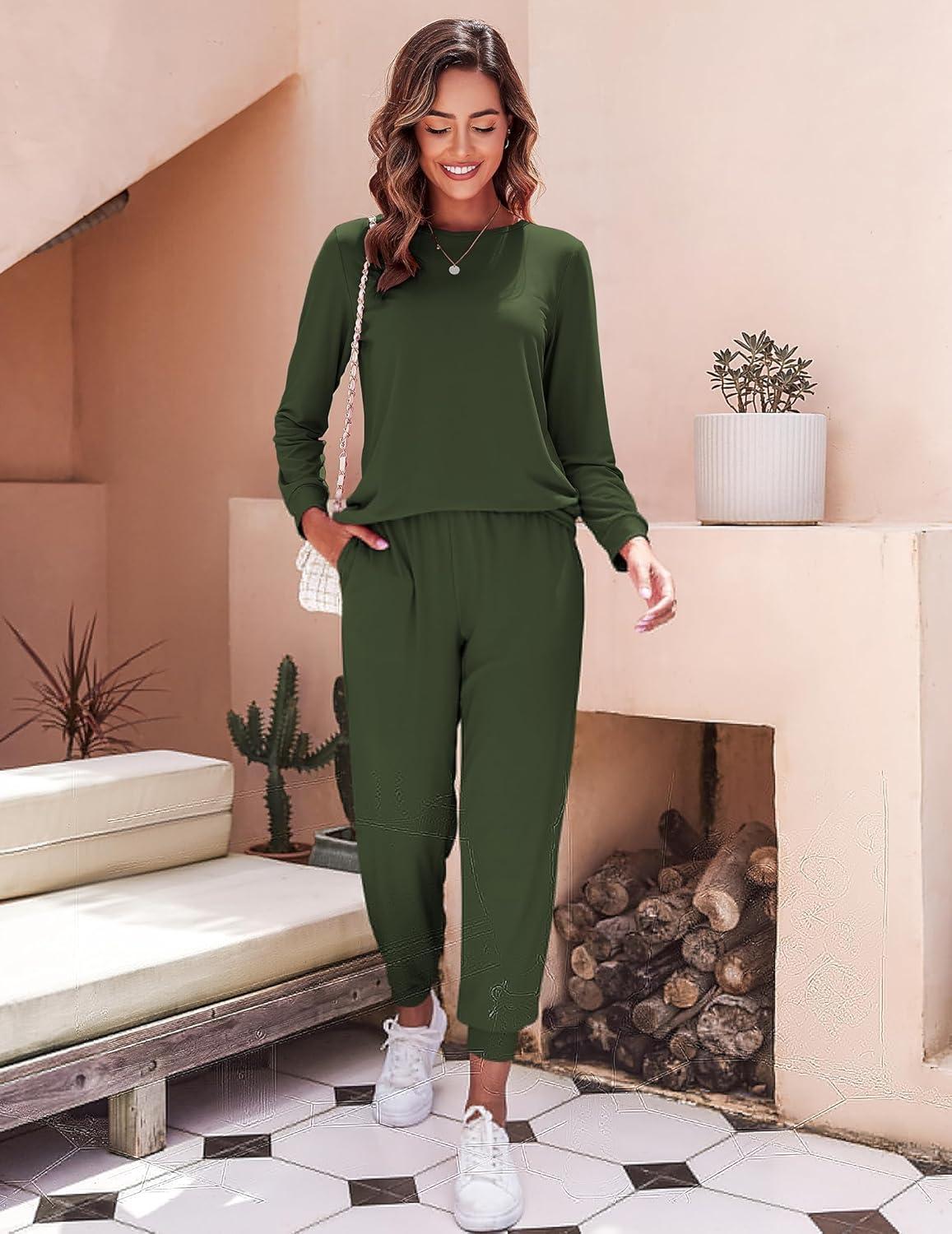 imageEkouaer Womens Pajama Sets Casual 2Pcs Sleepwear Long Sleeve Pullover Tops Long Joggers Pants with PocketsArmy Green