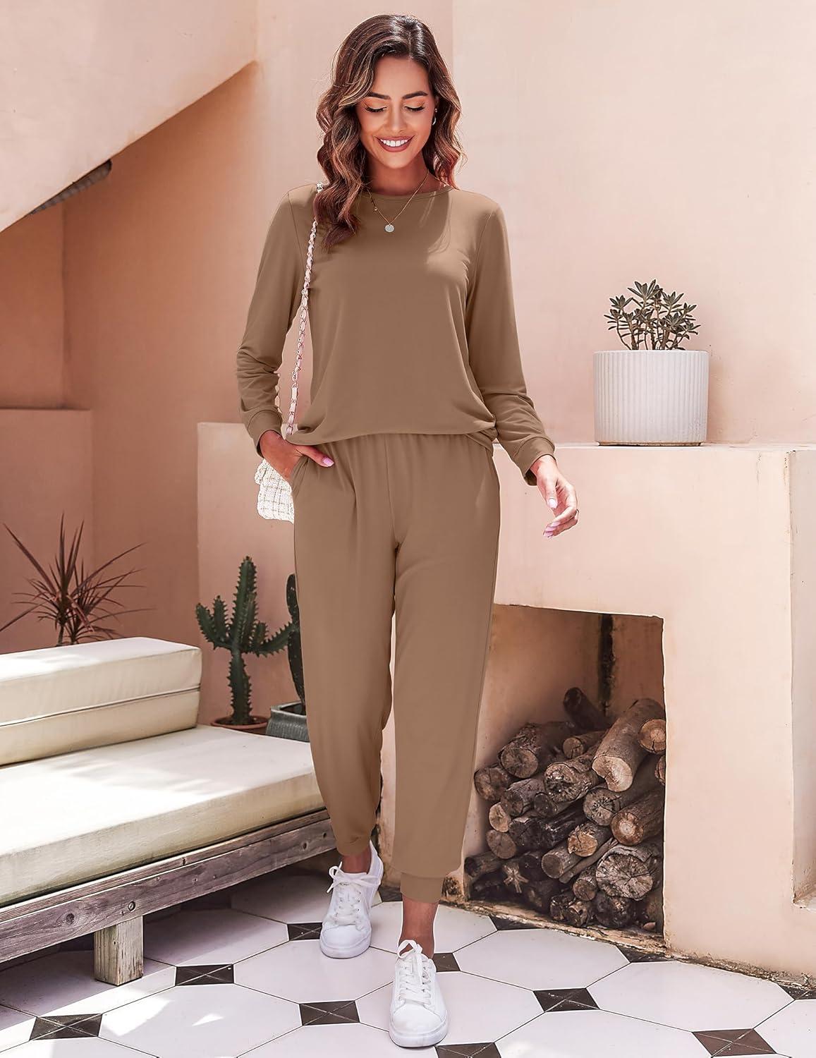 imageEkouaer Womens Pajama Sets Casual 2Pcs Sleepwear Long Sleeve Pullover Tops Long Joggers Pants with PocketsBrown