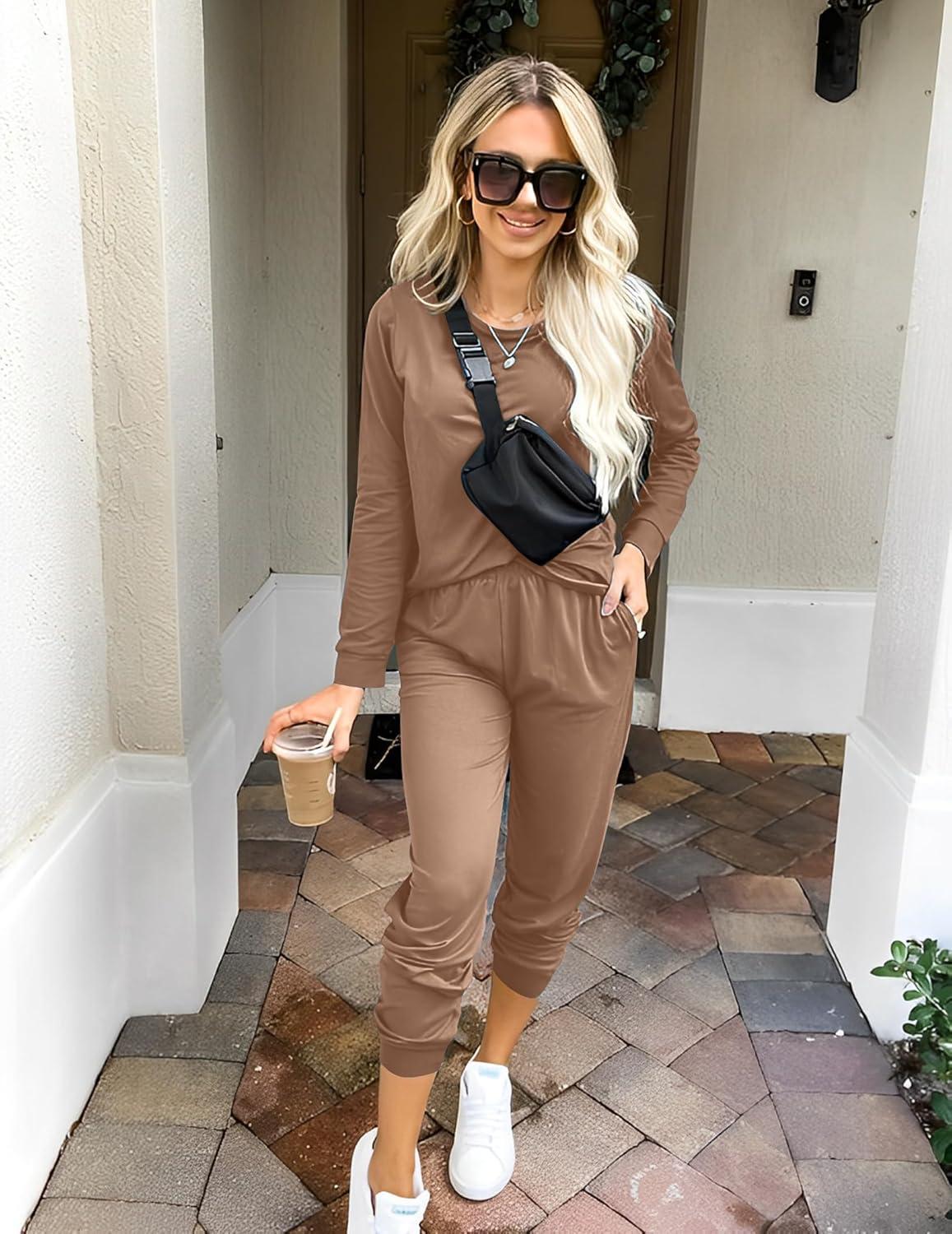 imageEkouaer Womens Pajama Sets Casual 2Pcs Sleepwear Long Sleeve Pullover Tops Long Joggers Pants with PocketsBrown