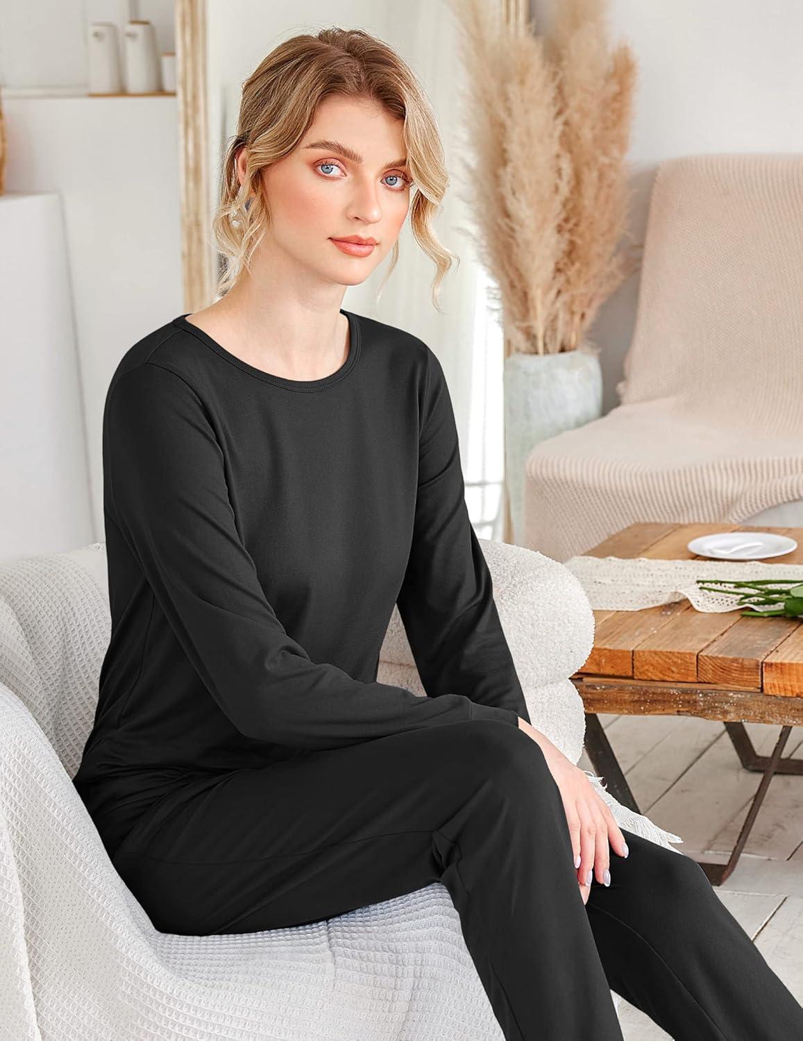 imageEkouaer Womens Pajama Sets Casual 2Pcs Sleepwear Long Sleeve Pullover Tops Long Joggers Pants with PocketsDark Black