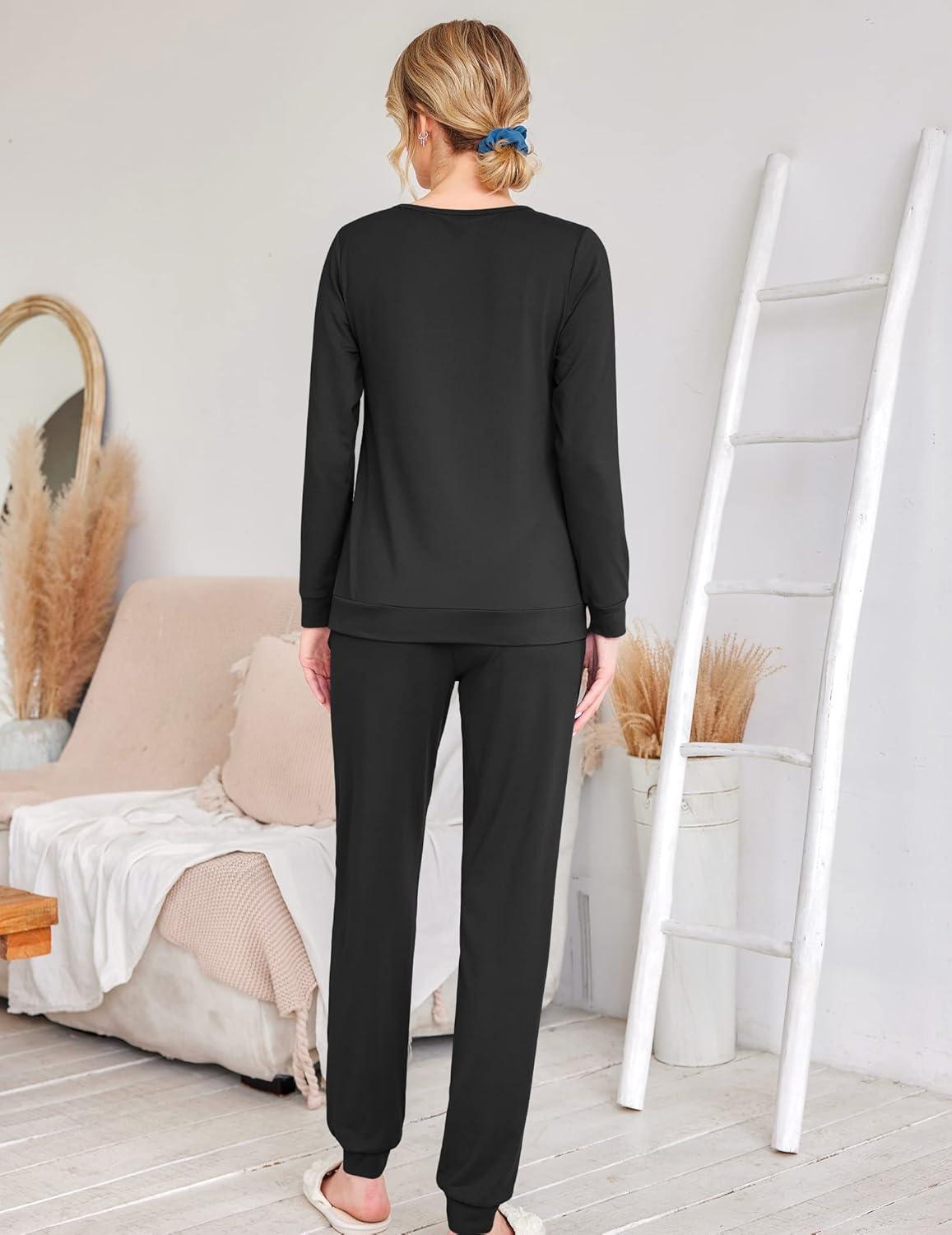 imageEkouaer Womens Pajama Sets Casual 2Pcs Sleepwear Long Sleeve Pullover Tops Long Joggers Pants with PocketsDark Black