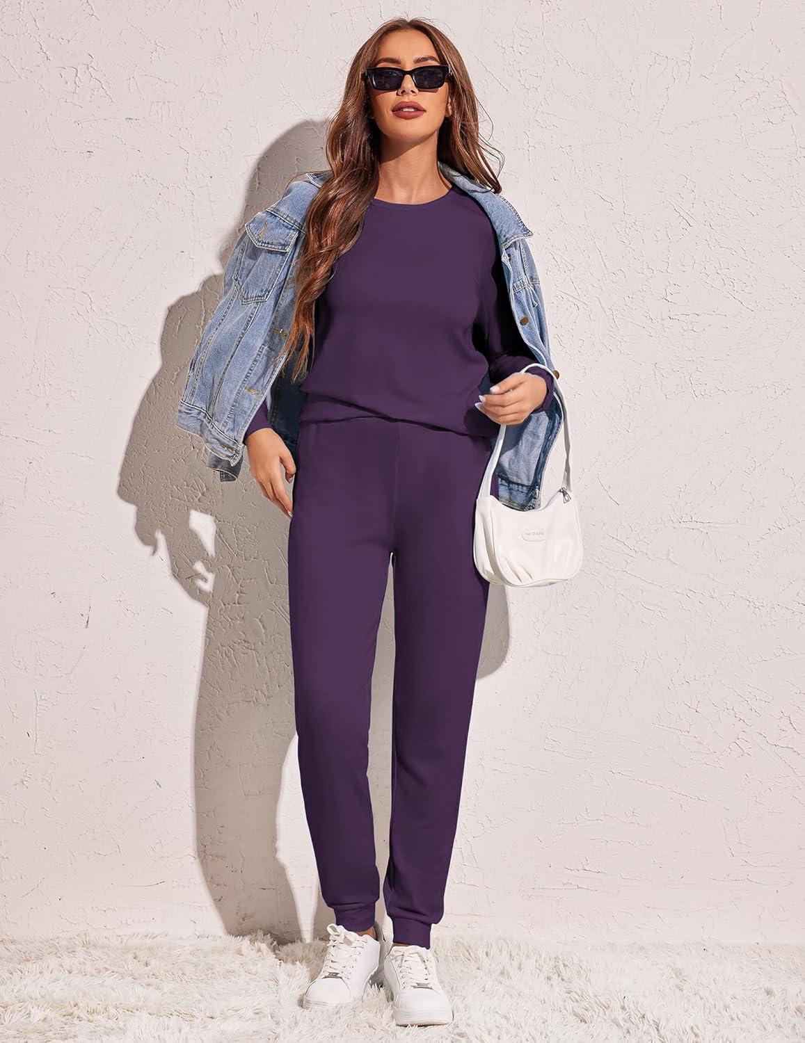 imageEkouaer Womens Pajama Sets Casual 2Pcs Sleepwear Long Sleeve Pullover Tops Long Joggers Pants with PocketsDeep Purple