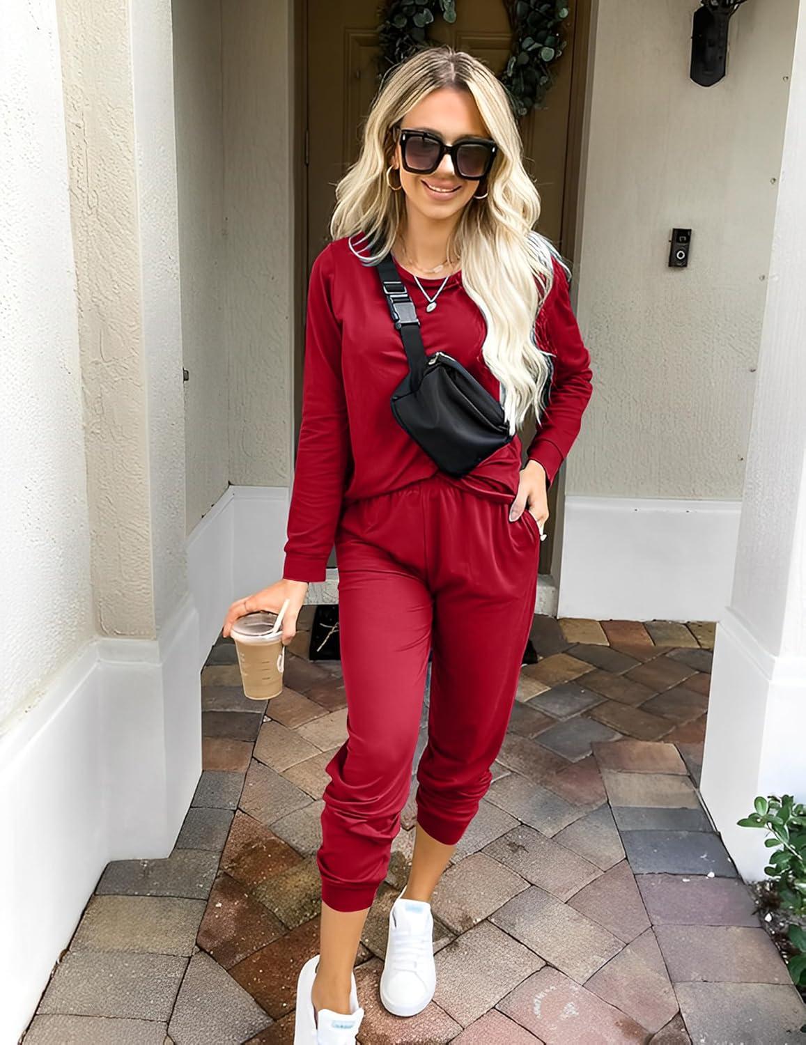 imageEkouaer Womens Pajama Sets Casual 2Pcs Sleepwear Long Sleeve Pullover Tops Long Joggers Pants with PocketsDeep Wine