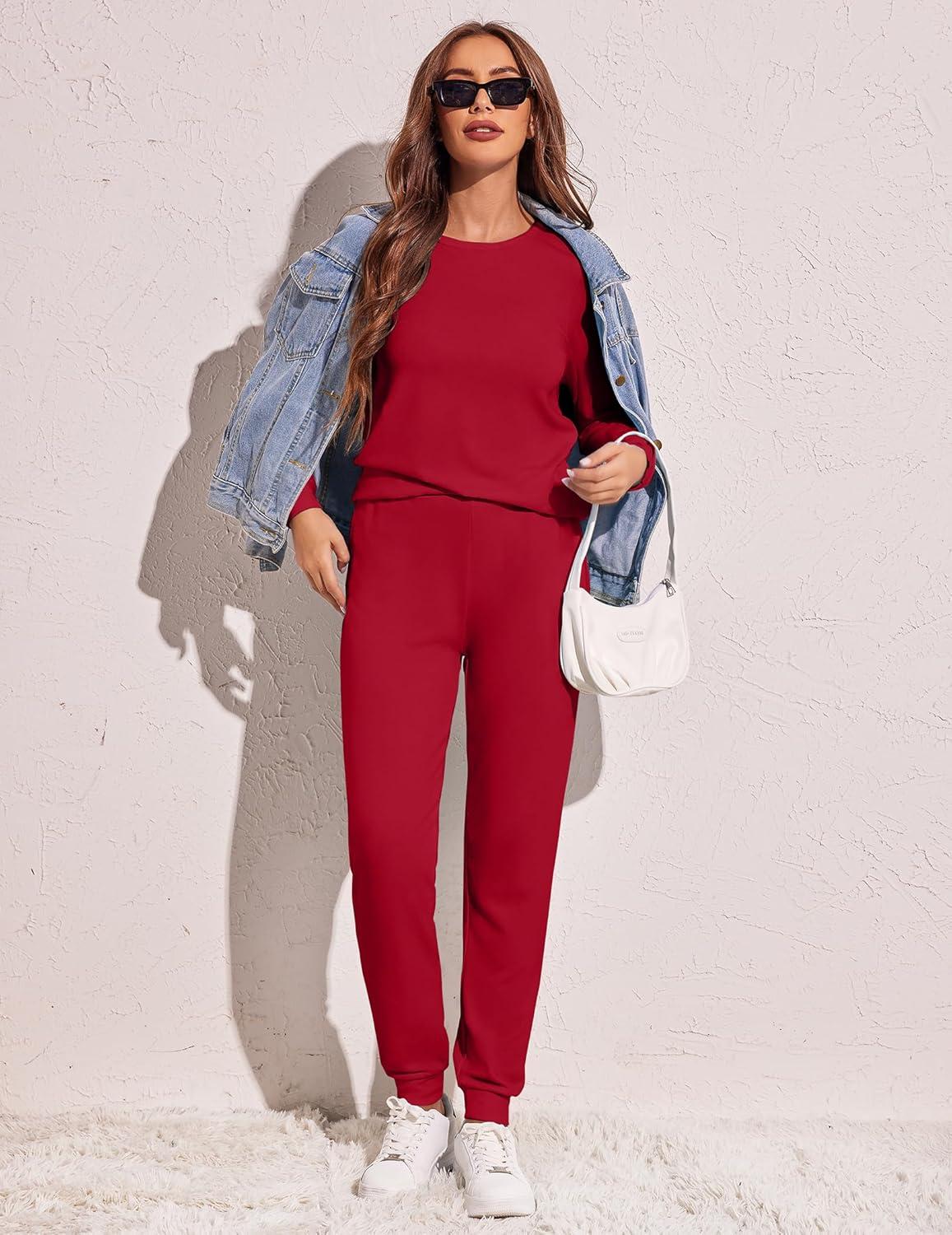 imageEkouaer Womens Pajama Sets Casual 2Pcs Sleepwear Long Sleeve Pullover Tops Long Joggers Pants with PocketsDeep Wine