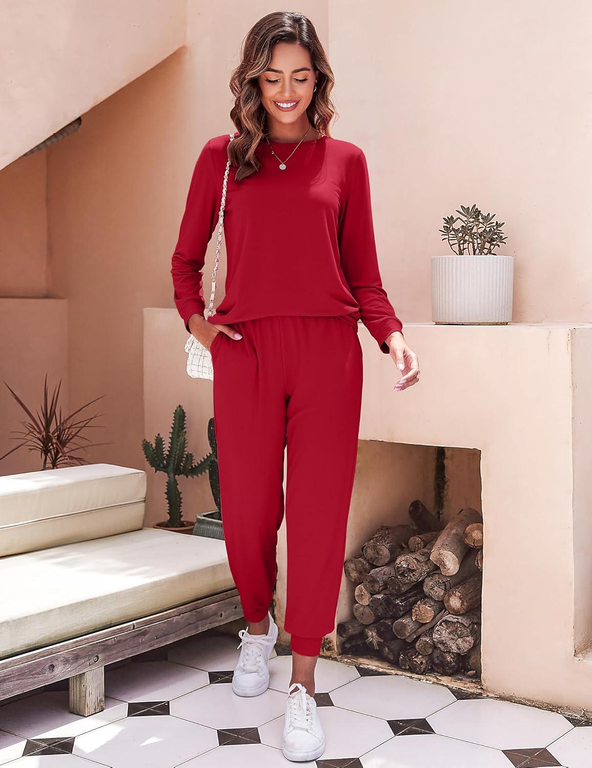 imageEkouaer Womens Pajama Sets Casual 2Pcs Sleepwear Long Sleeve Pullover Tops Long Joggers Pants with PocketsDeep Wine