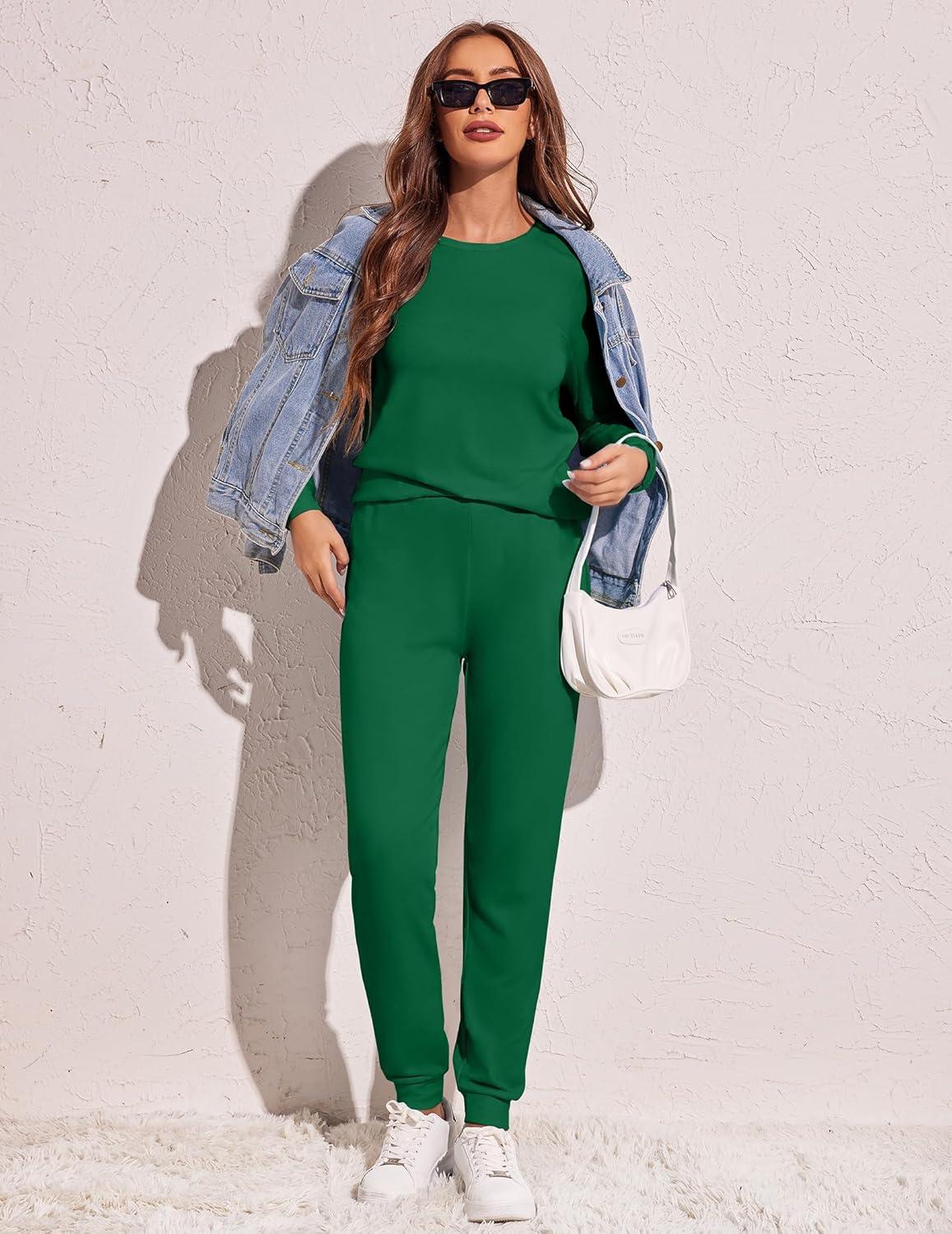 imageEkouaer Womens Pajama Sets Casual 2Pcs Sleepwear Long Sleeve Pullover Tops Long Joggers Pants with PocketsGreen