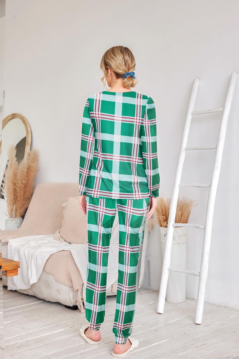 imageEkouaer Womens Pajama Sets Casual 2Pcs Sleepwear Long Sleeve Pullover Tops Long Joggers Pants with PocketsGreen Plaid