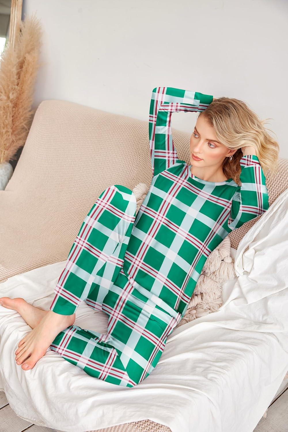 imageEkouaer Womens Pajama Sets Casual 2Pcs Sleepwear Long Sleeve Pullover Tops Long Joggers Pants with PocketsGreen Plaid