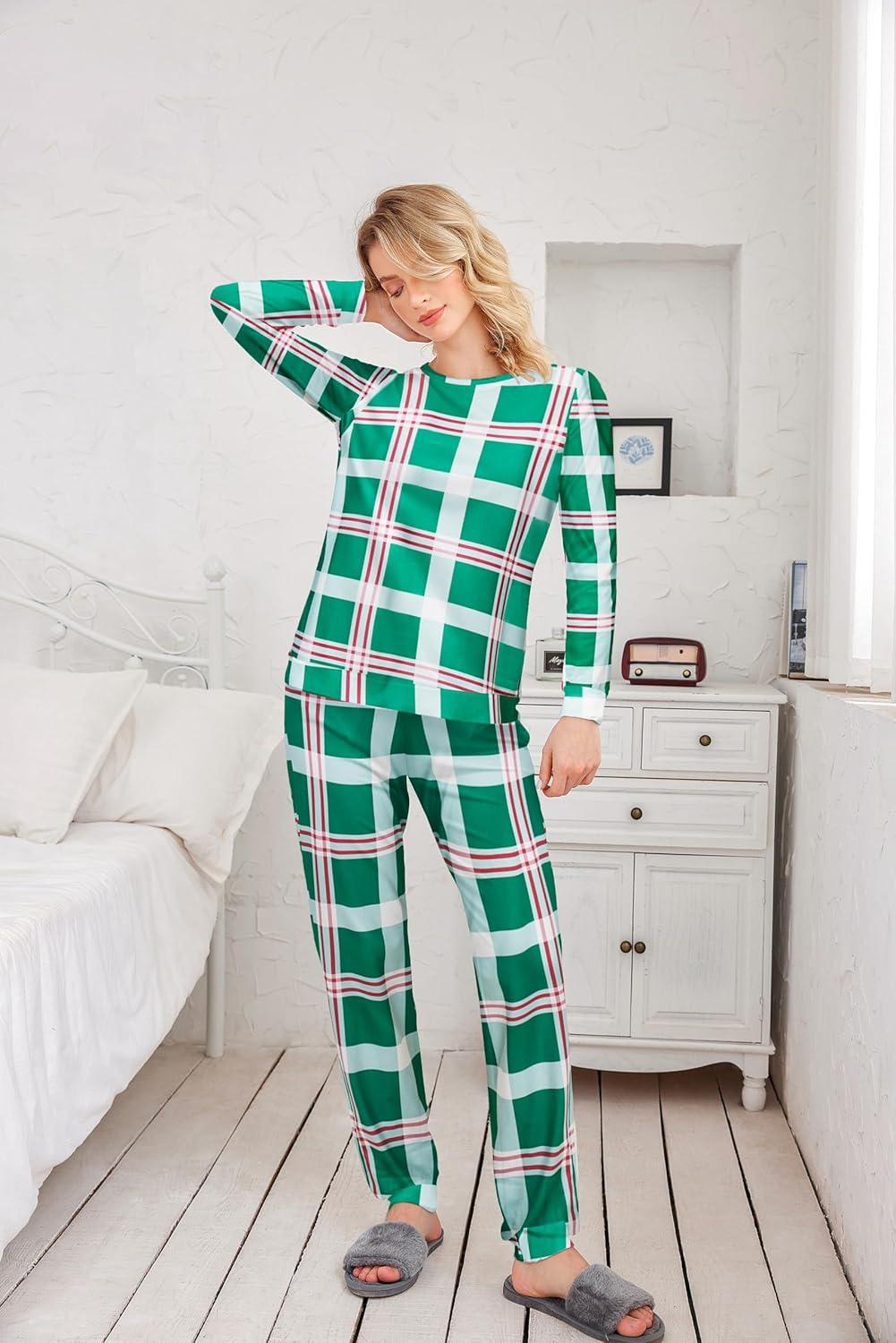 imageEkouaer Womens Pajama Sets Casual 2Pcs Sleepwear Long Sleeve Pullover Tops Long Joggers Pants with PocketsGreen Plaid