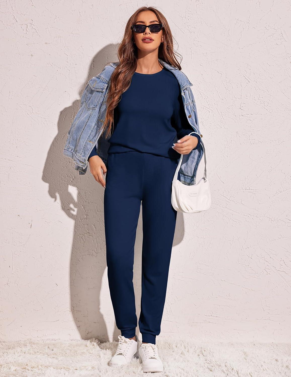 imageEkouaer Womens Pajama Sets Casual 2Pcs Sleepwear Long Sleeve Pullover Tops Long Joggers Pants with PocketsNavy Blue
