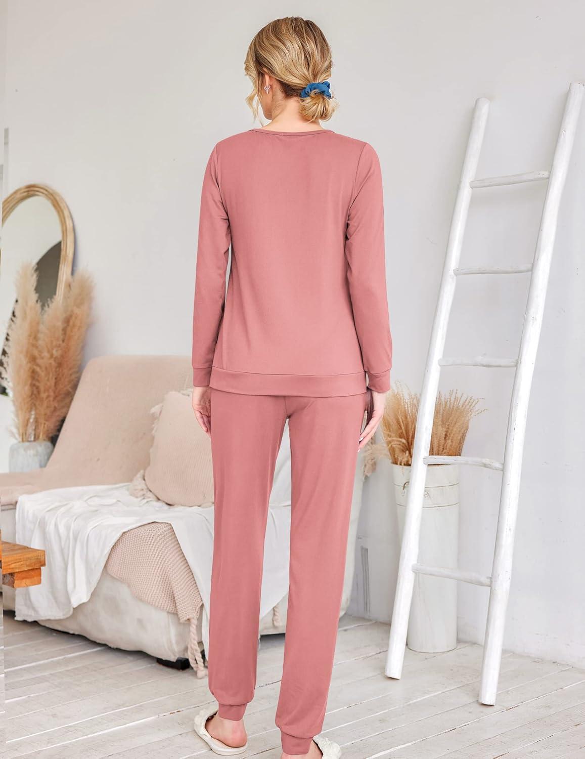 imageEkouaer Womens Pajama Sets Casual 2Pcs Sleepwear Long Sleeve Pullover Tops Long Joggers Pants with PocketsPink