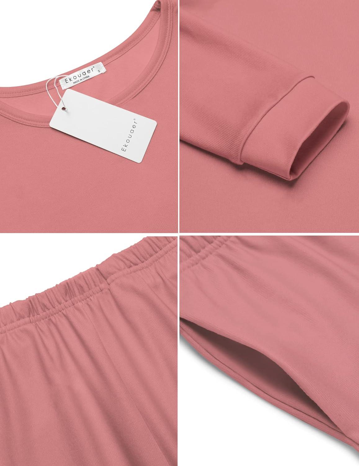 imageEkouaer Womens Pajama Sets Casual 2Pcs Sleepwear Long Sleeve Pullover Tops Long Joggers Pants with PocketsPink