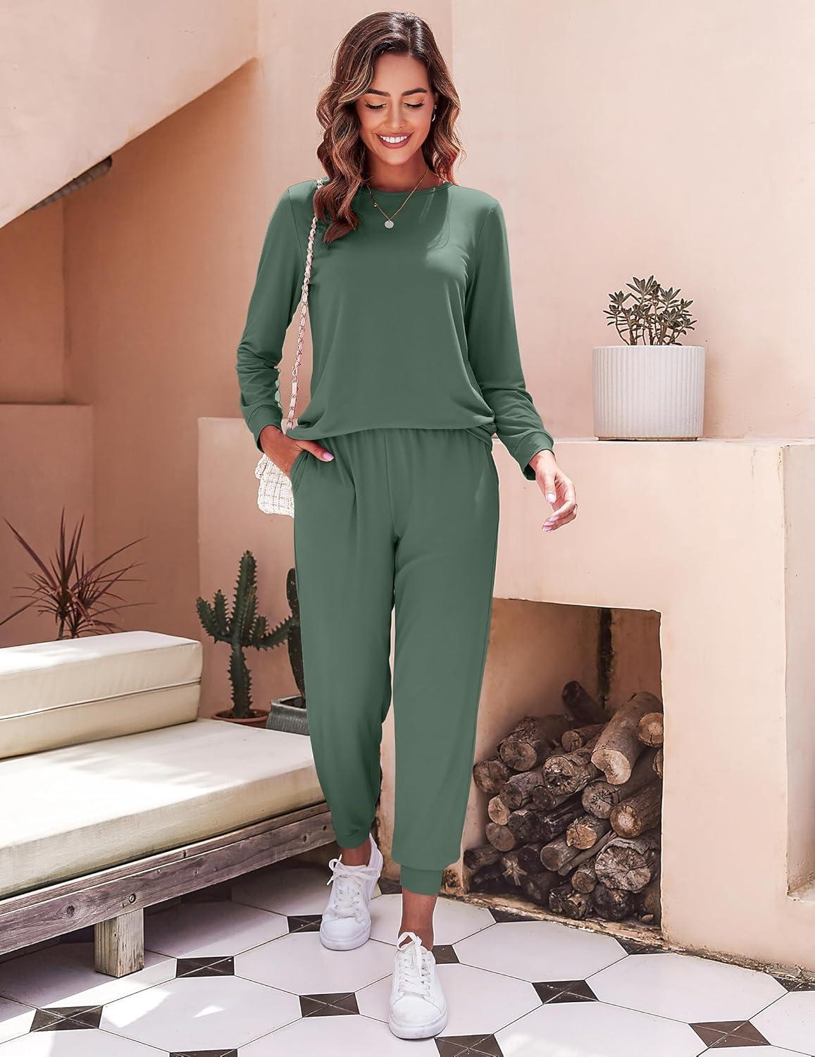 imageEkouaer Womens Pajama Sets Casual 2Pcs Sleepwear Long Sleeve Pullover Tops Long Joggers Pants with PocketsPure Green