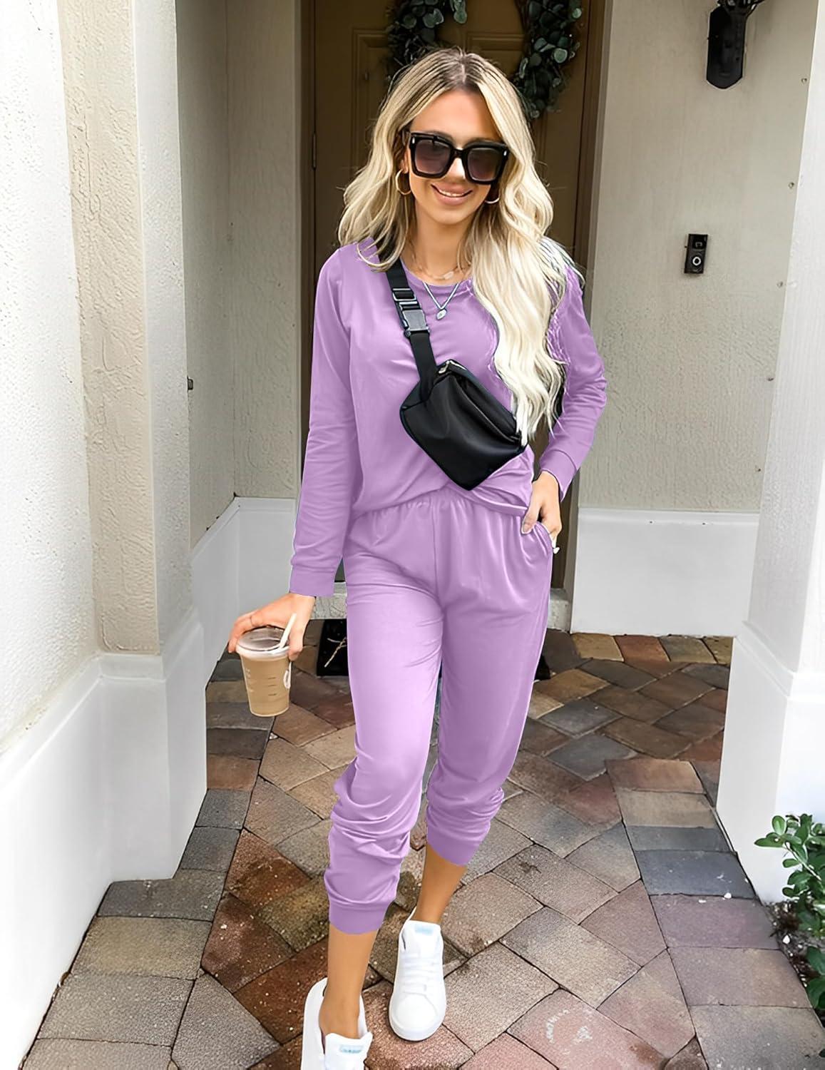 imageEkouaer Womens Pajama Sets Casual 2Pcs Sleepwear Long Sleeve Pullover Tops Long Joggers Pants with PocketsPurple