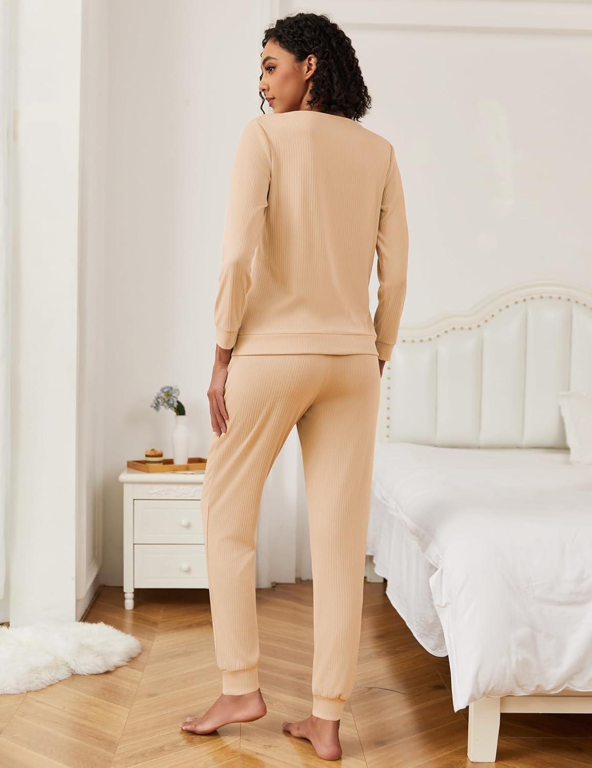 imageEkouaer Womens Pajama Sets Casual 2Pcs Sleepwear Long Sleeve Pullover Tops Long Joggers Pants with PocketsRibkhaki