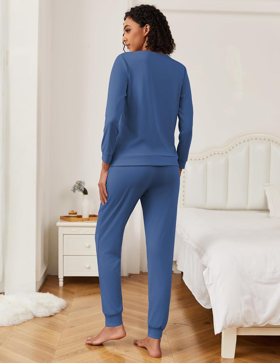 imageEkouaer Womens Pajama Sets Casual 2Pcs Sleepwear Long Sleeve Pullover Tops Long Joggers Pants with PocketsRibnavy Blue
