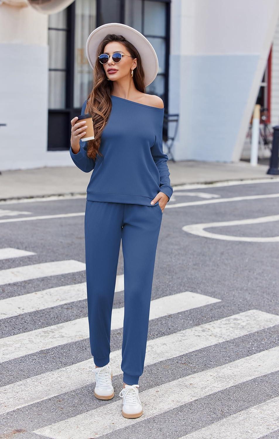imageEkouaer Womens Pajama Sets Casual 2Pcs Sleepwear Long Sleeve Pullover Tops Long Joggers Pants with PocketsRibnavy Blue