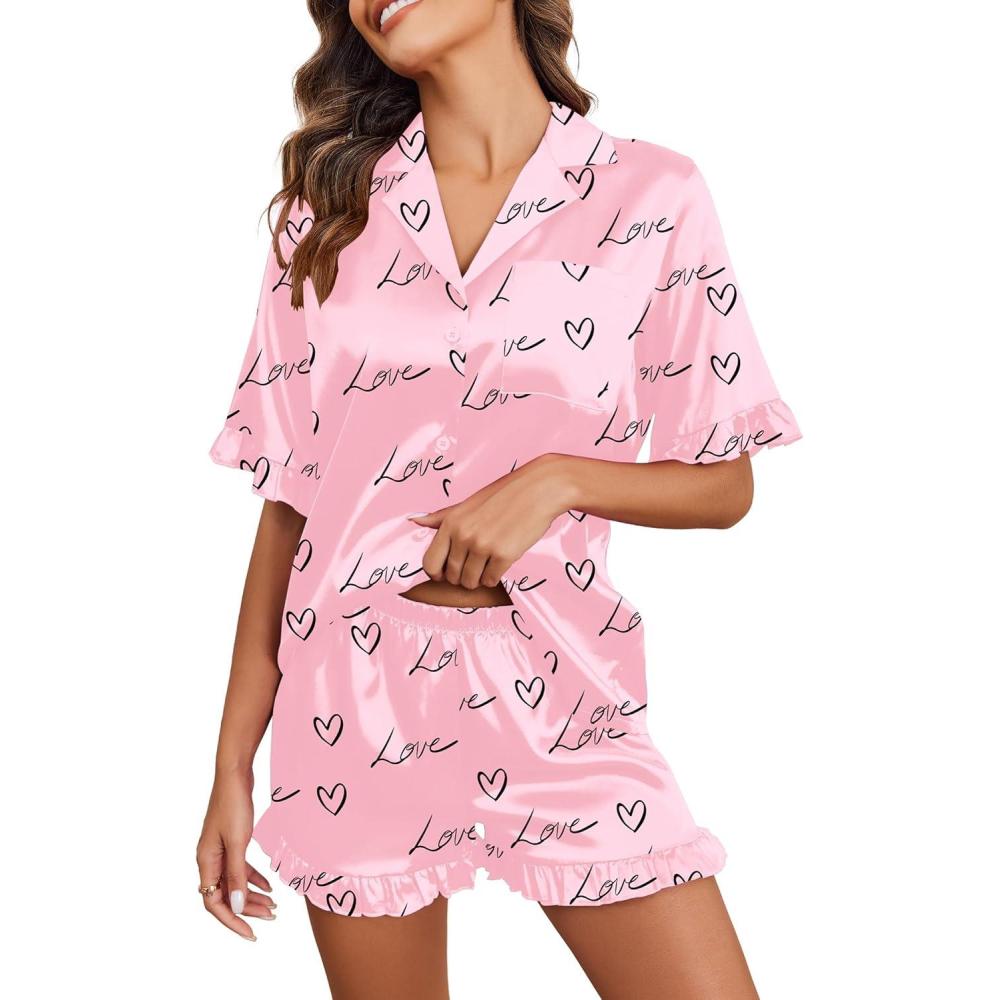 imageEkouaer Satin Pajama Set for Women Button Down Silk 2 Piece Pj Sets Ruffle Short Sleeve SleepwearPink Love