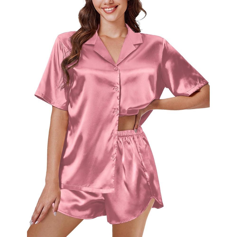 imageEkouaer Silk Pajama Sets Womens Short Sleeve Sleepwear Satin 2 Piece Button Down Loungewear Pjs Shorts Set SXXLPurple Red