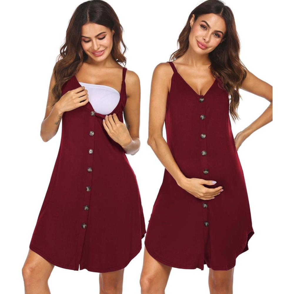imageEkouaer Women 3 in 1 Labor and DeliveryMaternityNursing Nightgown Button Down Sleeveless Pregnancy Dress for BreastfeedingWine Red