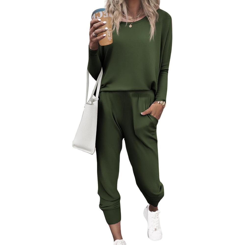 imageEkouaer Womens Pajama Sets Casual 2Pcs Sleepwear Long Sleeve Pullover Tops Long Joggers Pants with PocketsArmy Green