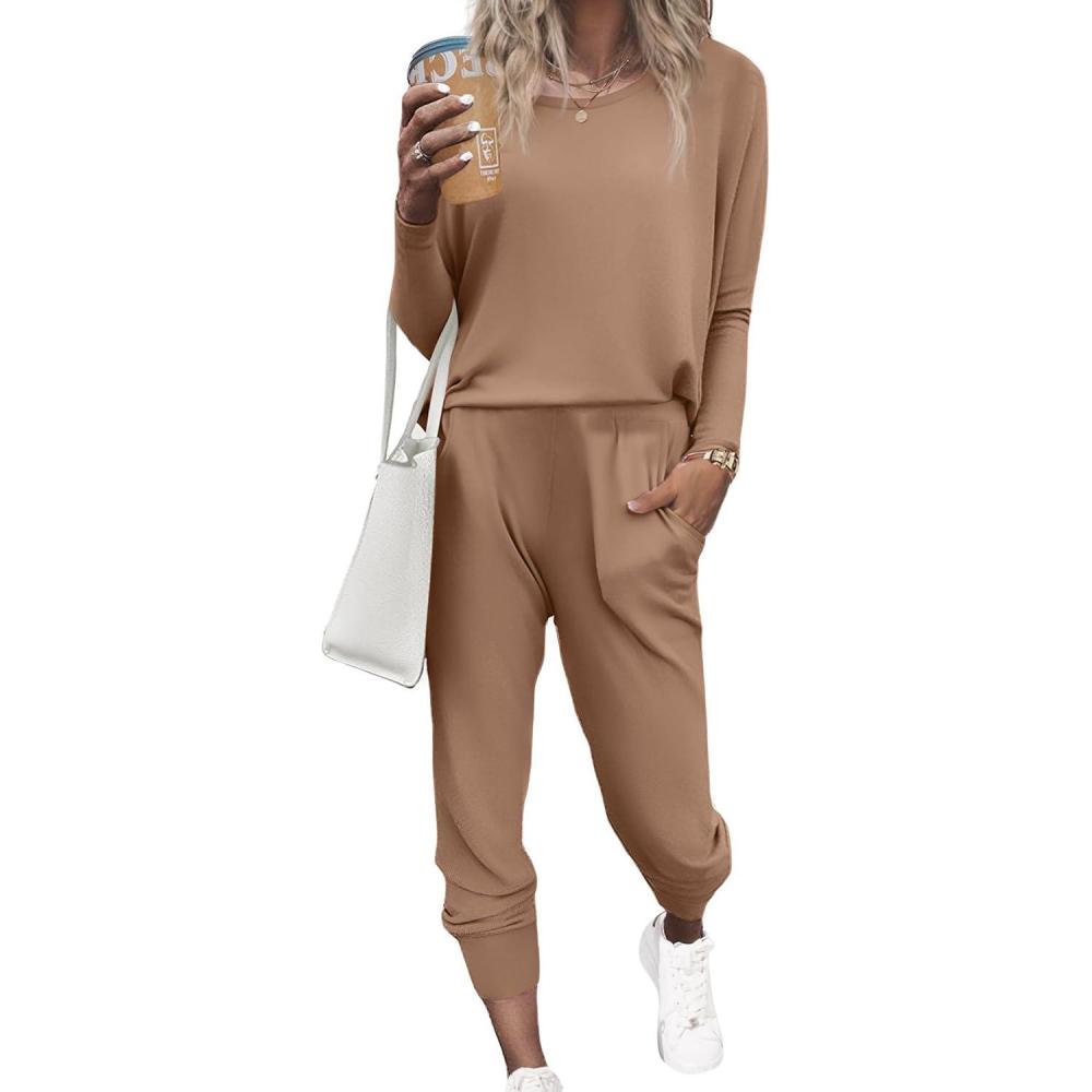 imageEkouaer Womens Pajama Sets Casual 2Pcs Sleepwear Long Sleeve Pullover Tops Long Joggers Pants with PocketsBrown