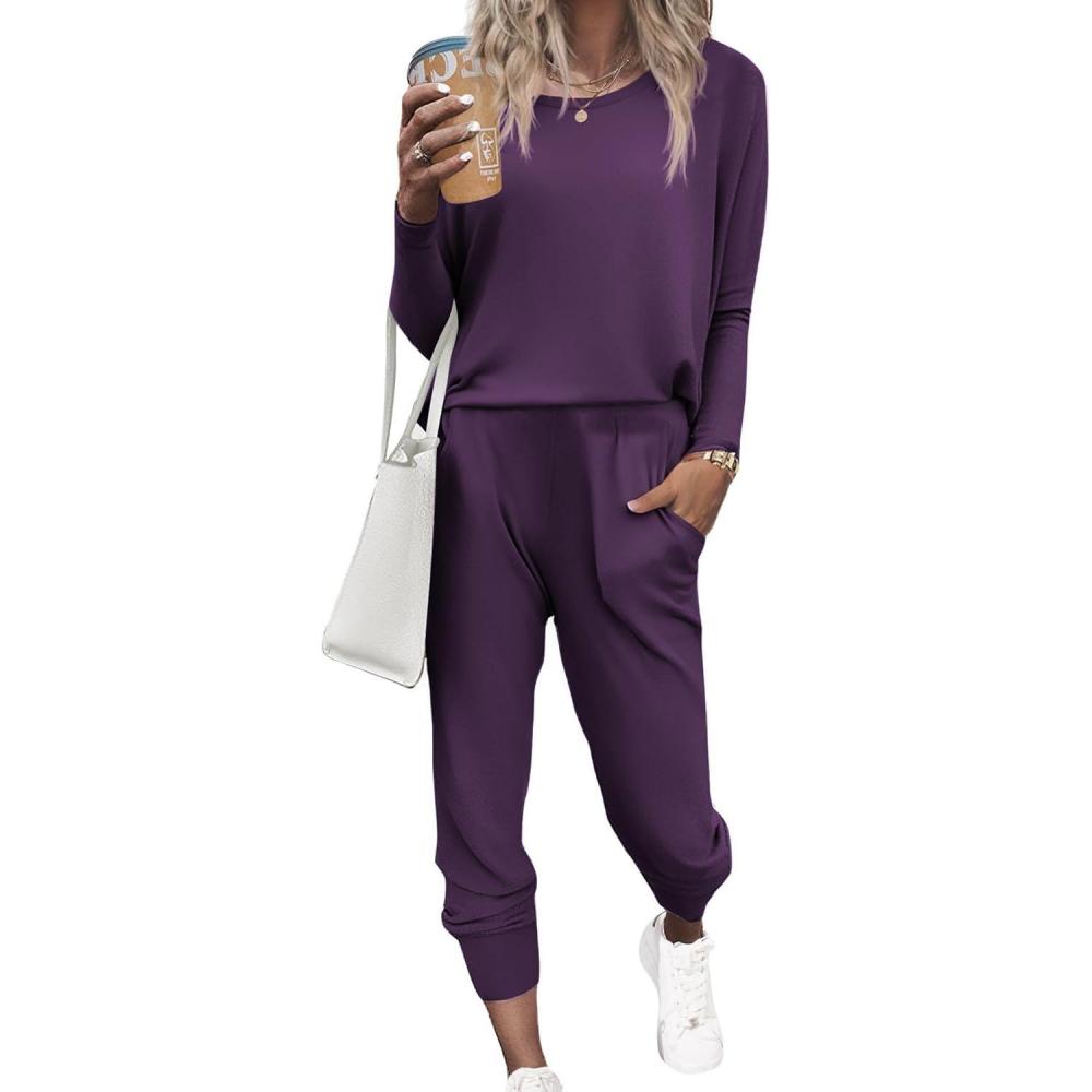 imageEkouaer Womens Pajama Sets Casual 2Pcs Sleepwear Long Sleeve Pullover Tops Long Joggers Pants with PocketsDeep Purple